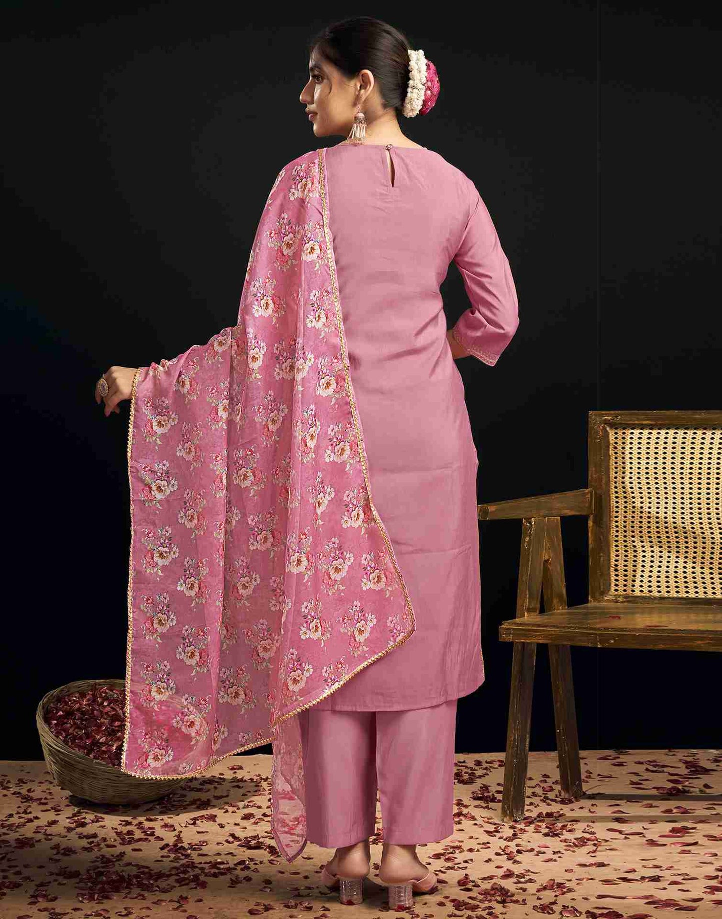 Pink Chanderi Embroidery Straight Kurta Set With Dupatta