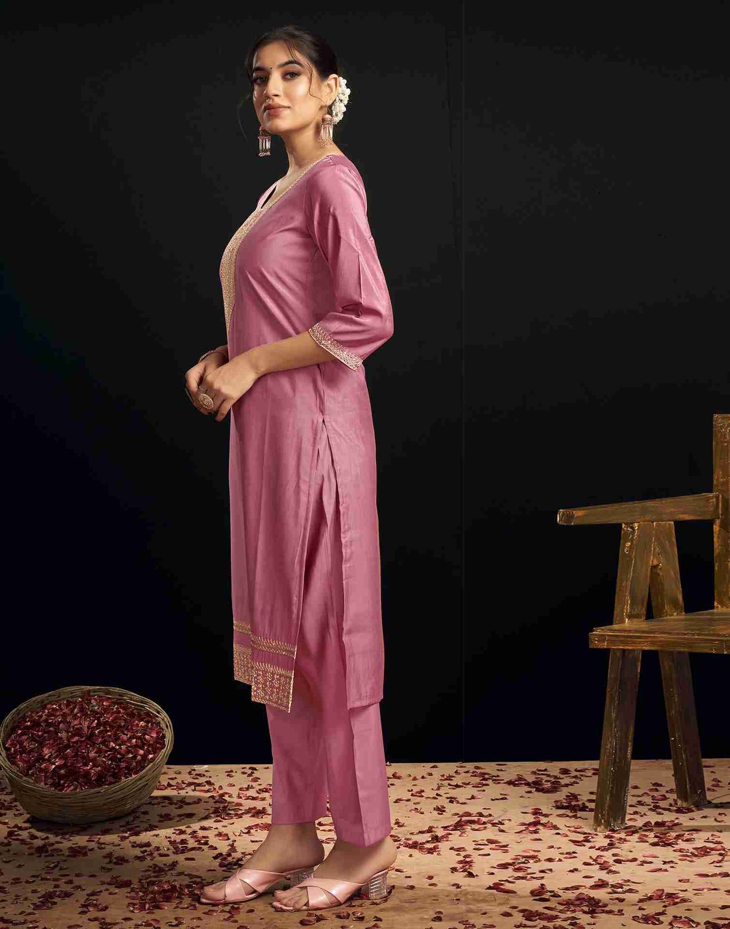 Pink Chanderi Embroidery Straight Kurta Set With Dupatta