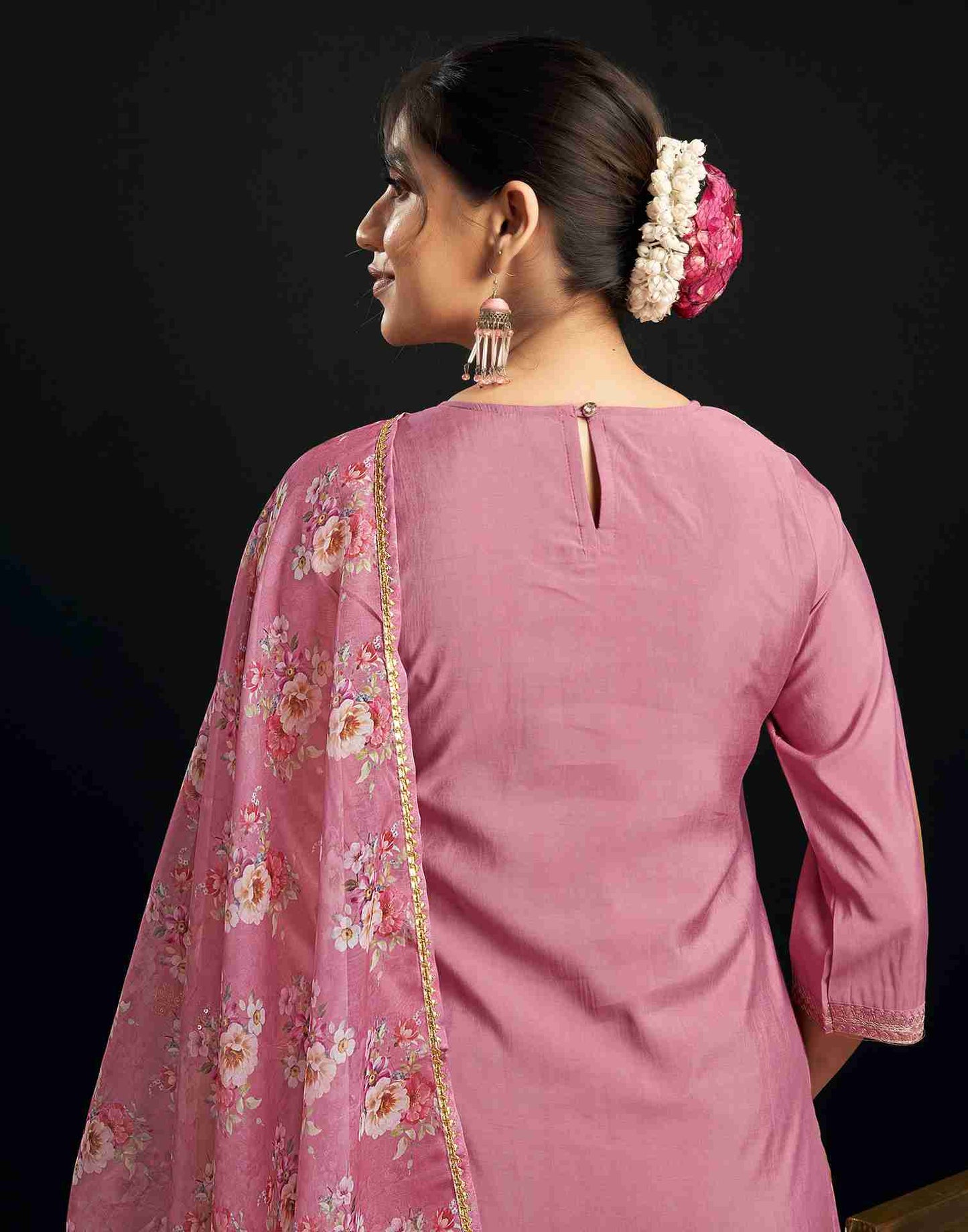 Pink Chanderi Embroidery Straight Kurta Set With Dupatta