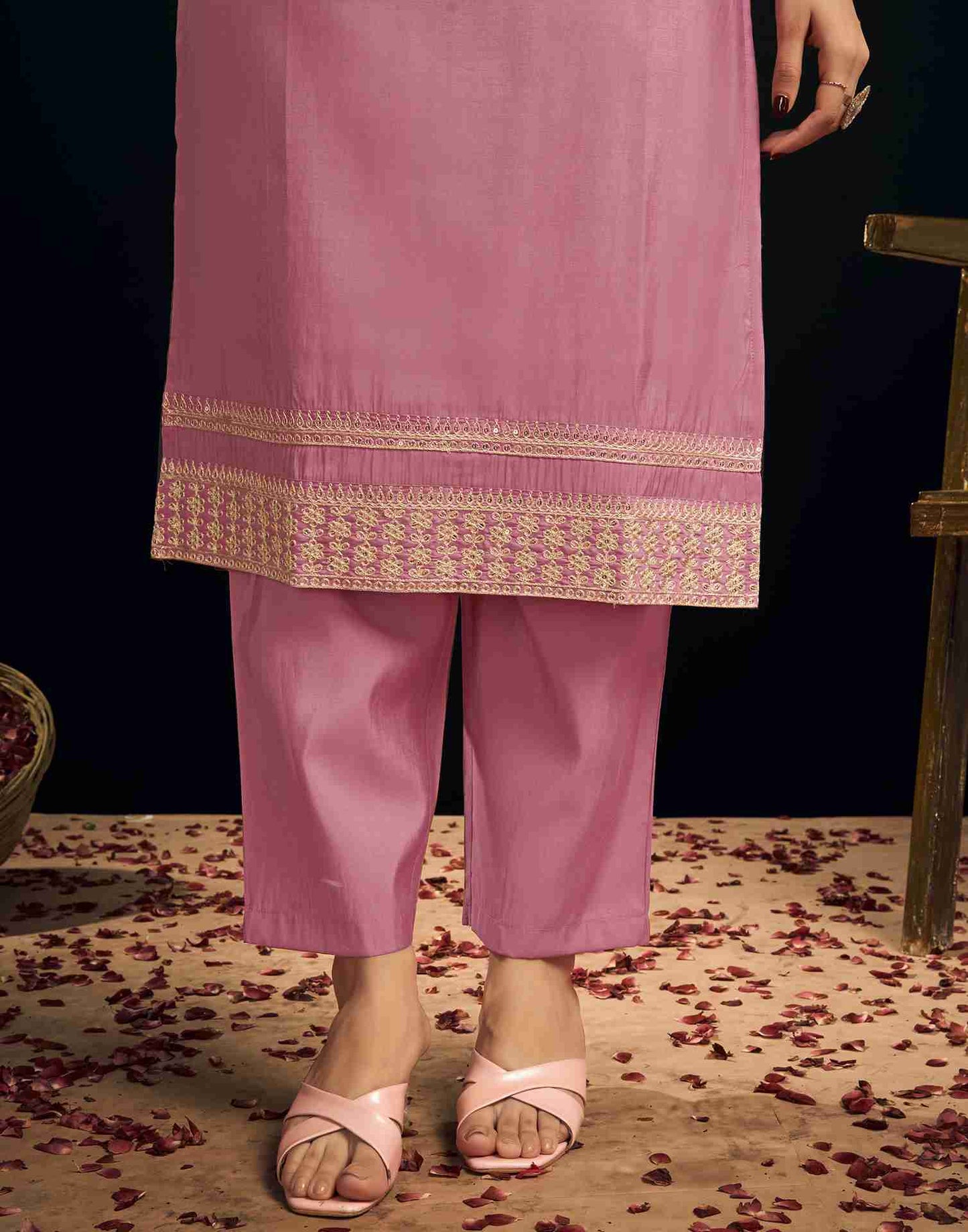 Pink Chanderi Embroidery Straight Kurta Set With Dupatta