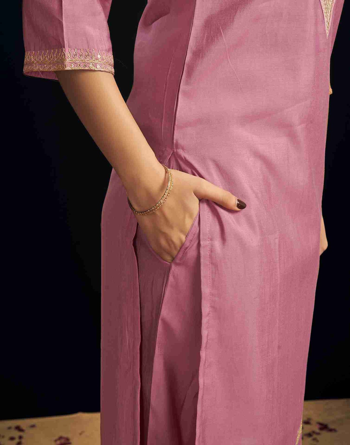 Pink Chanderi Embroidery Straight Kurta Set With Dupatta