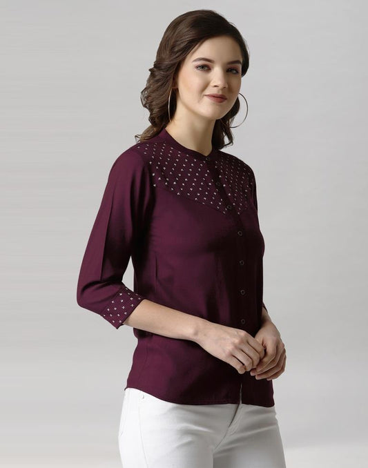 Wine Coloured Diva Slub Printed Top | Sudathi