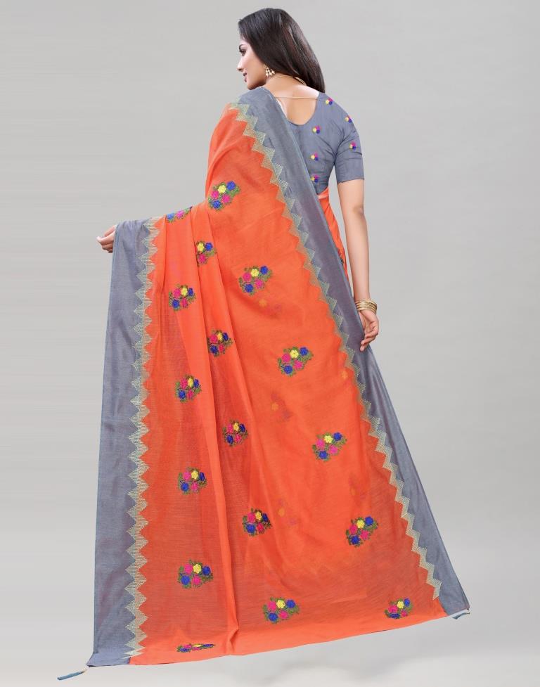 Peach Coloured Poly Cotton Embroidered Saree | Sudathi