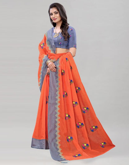 Peach Coloured Poly Cotton Embroidered Saree | Sudathi