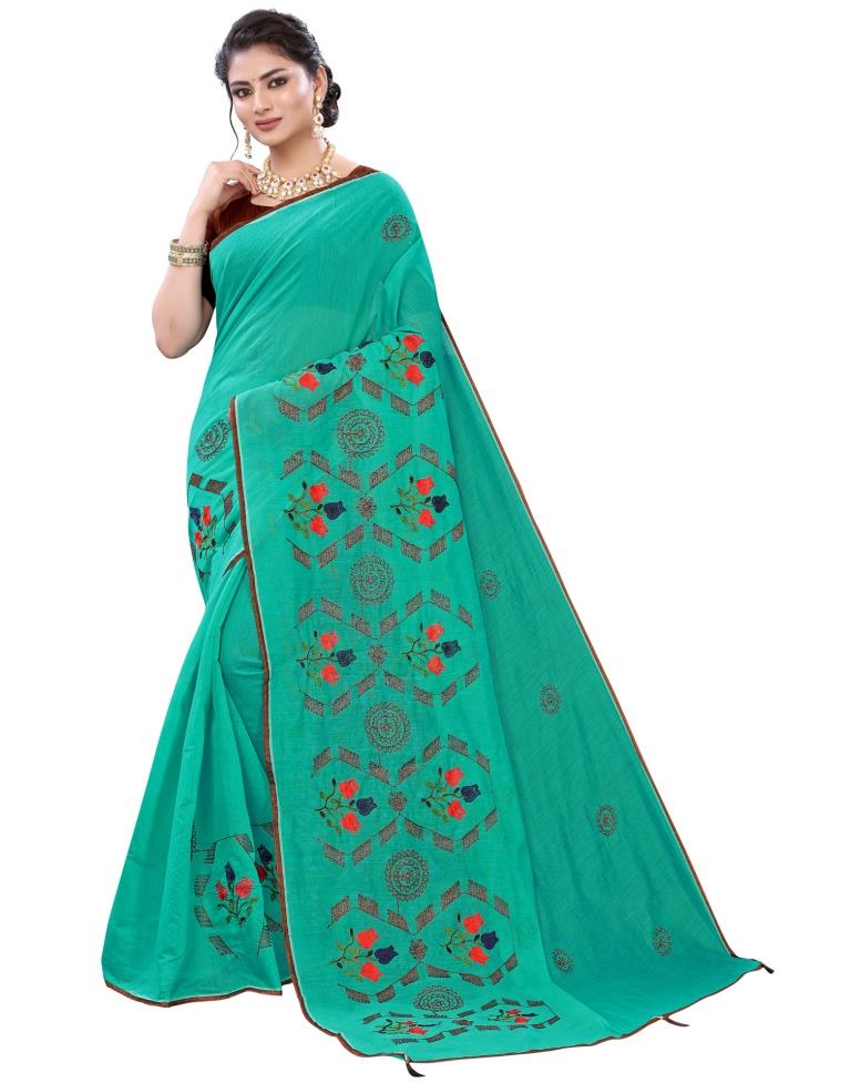 Aqua Blue Coloured Poly Cotton Thread Embroidered Partywear saree | Sudathi