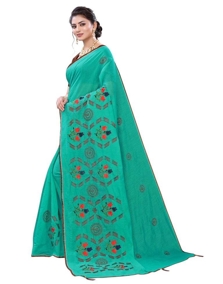 Aqua Blue Coloured Poly Cotton Thread Embroidered Partywear saree | Sudathi