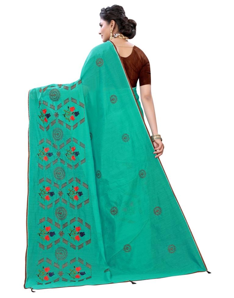 Aqua Blue Coloured Poly Cotton Thread Embroidered Partywear saree | Sudathi