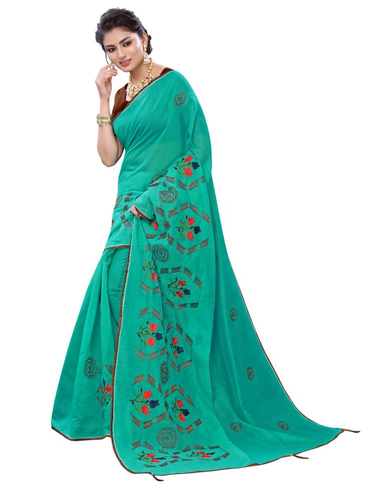 Aqua Blue Coloured Poly Cotton Thread Embroidered Partywear saree | Sudathi