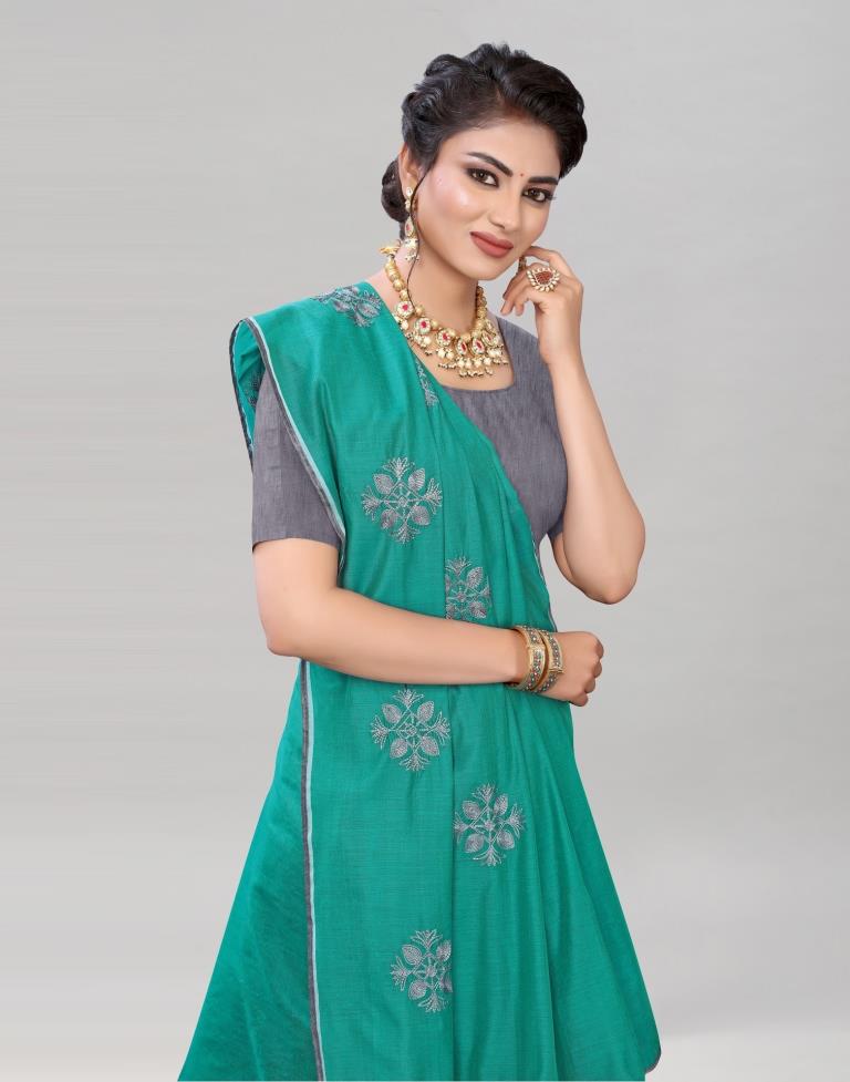 Sacramento Green Coloured Poly Cotton Embroidered Saree | Sudathi