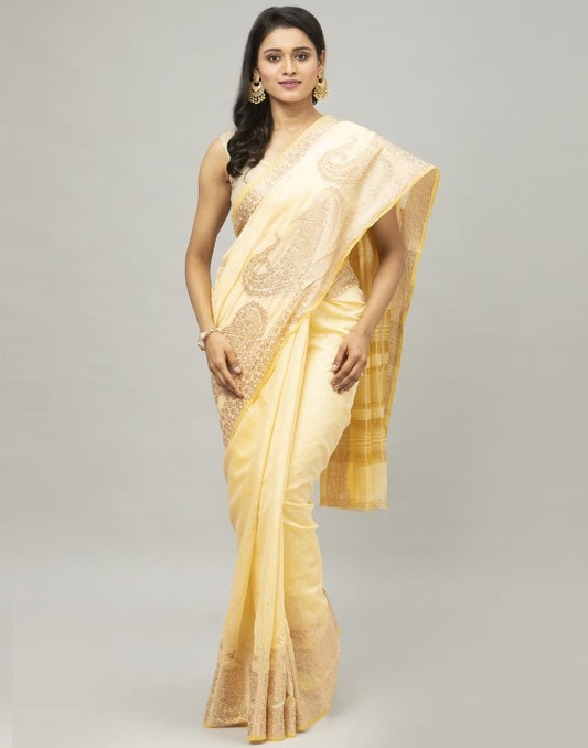 Mellow Yellow Coloured Cotton Blend Jacquard Partywear saree | Sudathi