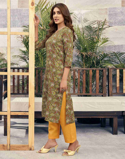 Mehandi Green Printed Cotton Straight Kurta Set With Dupatta