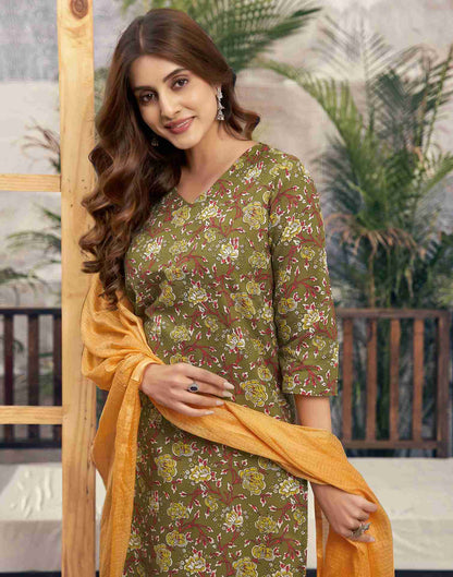 Mehandi Green Printed Cotton Straight Kurta Set With Dupatta