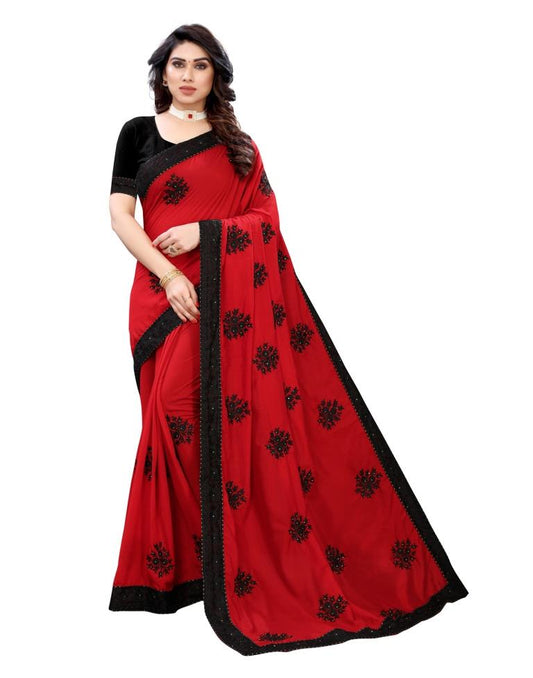 Red Coloured Poly Silk Embellished Partywear saree | Sudathi