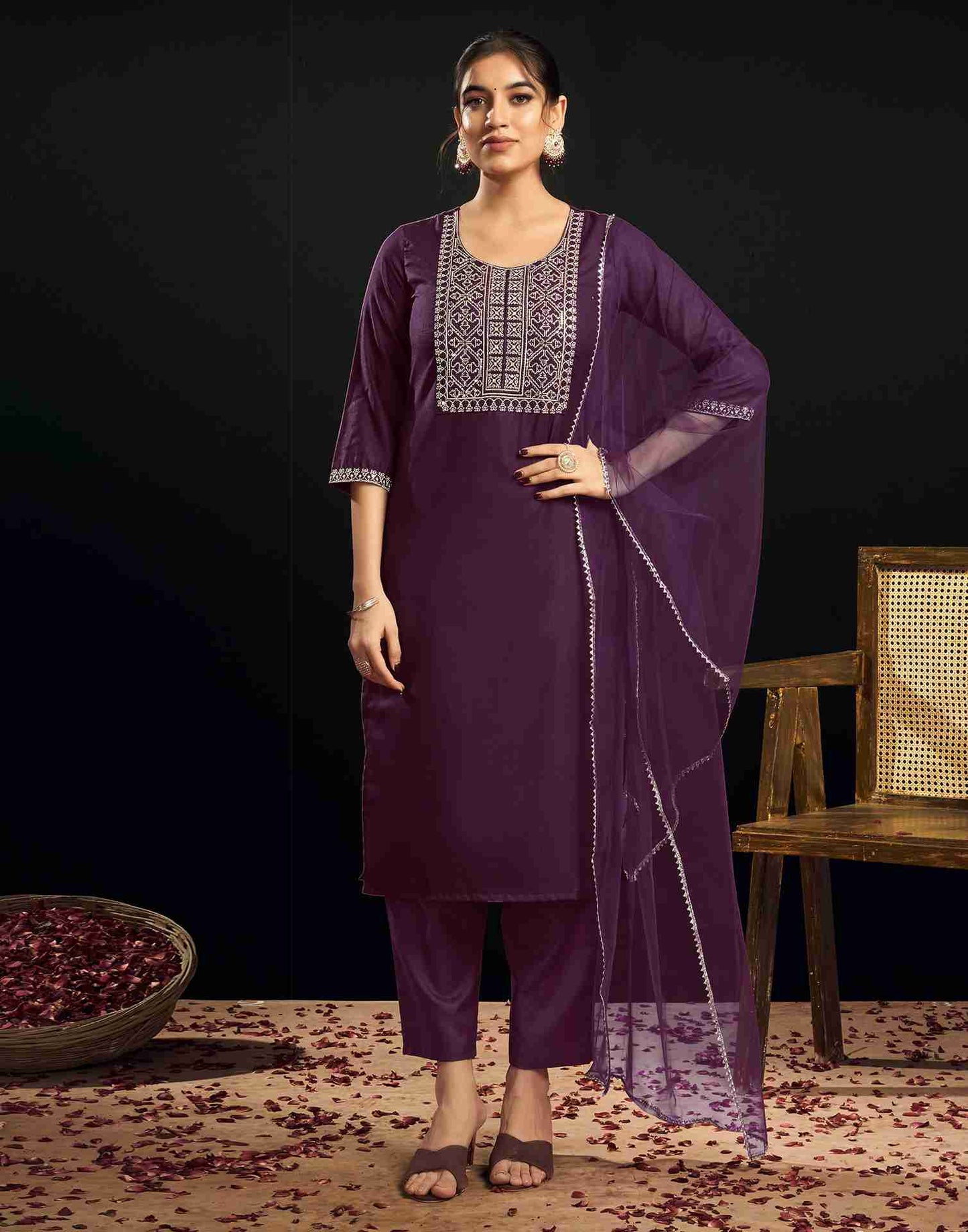 Wine Cotton Embroidery Straight Kurta Set With Dupatta