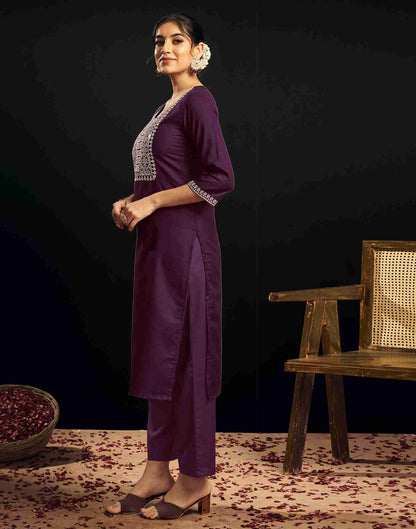 Wine Cotton Embroidery Straight Kurta Set With Dupatta