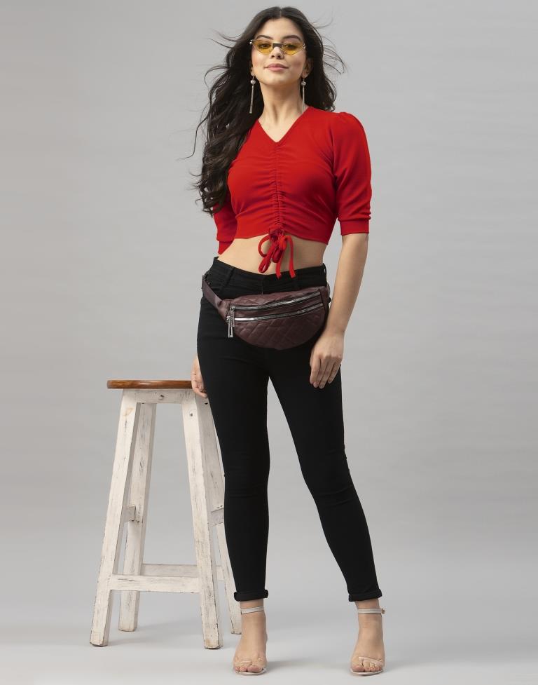 Breezy Red Coloured Knitted Lycra Tops | Leemboodi