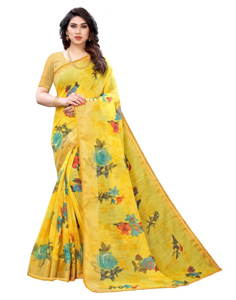 Yellow Coloured Poly Cotton Printed Casual saree | Sudathi