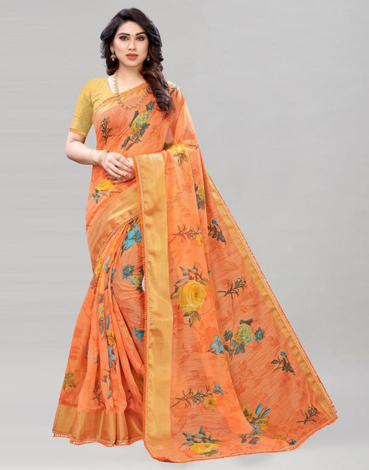 Light Orange Coloured Poly Cotton Printed Saree | Sudathi