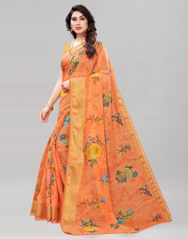 Light Orange Coloured Poly Cotton Printed Saree | Sudathi