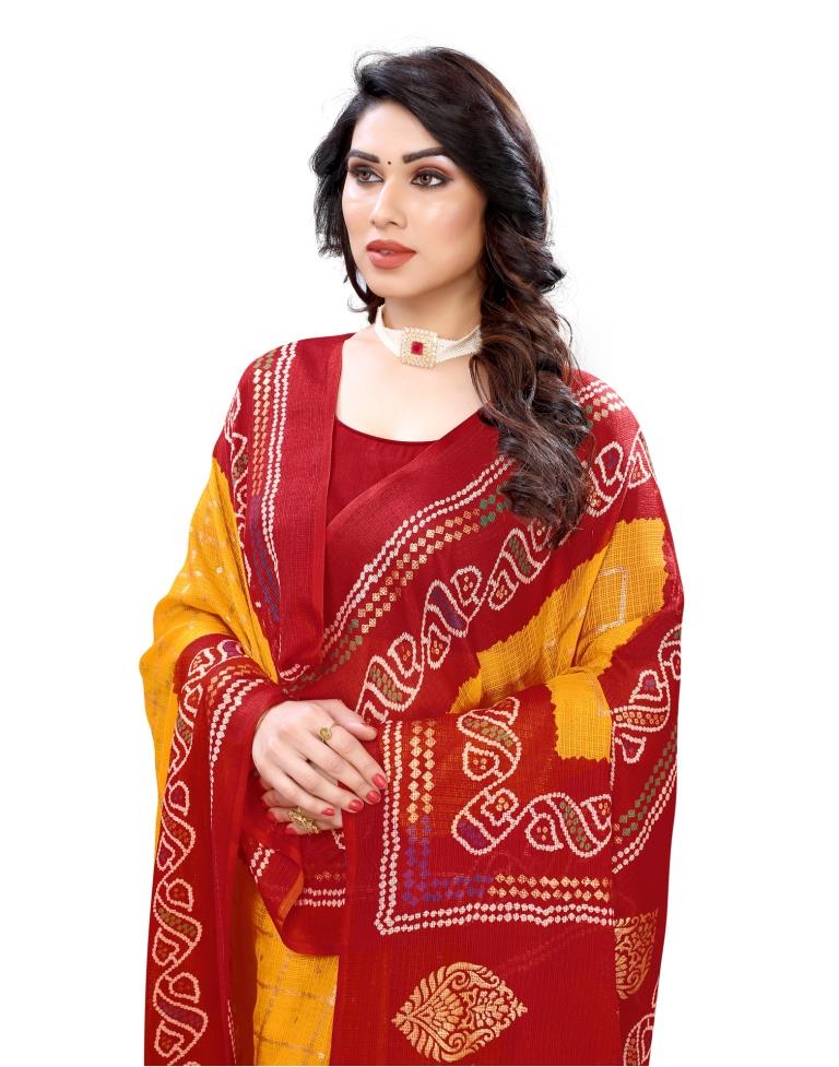 Mustard Yellow Coloured Kota Checks Bandhani Partywear saree | Sudathi