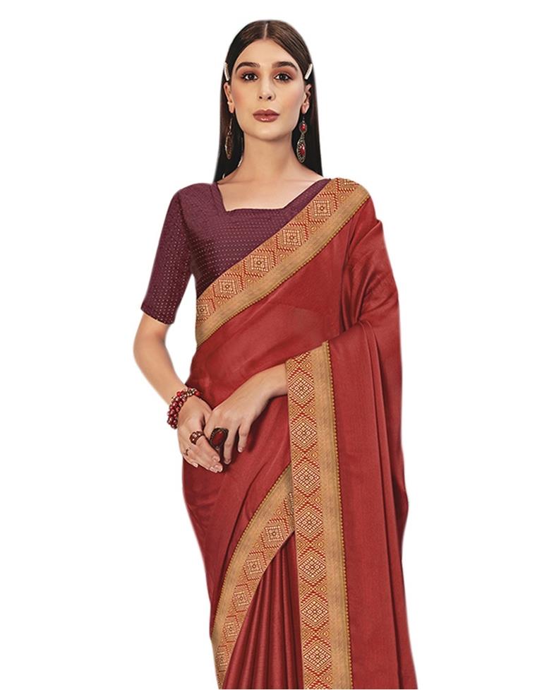 Brick Red Coloured Poly Linen Jacquard Partywear saree | Sudathi