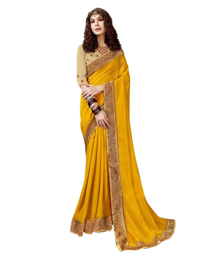 Mustard Yellow Coloured Poly Silk Jacquard Partywear saree | Sudathi