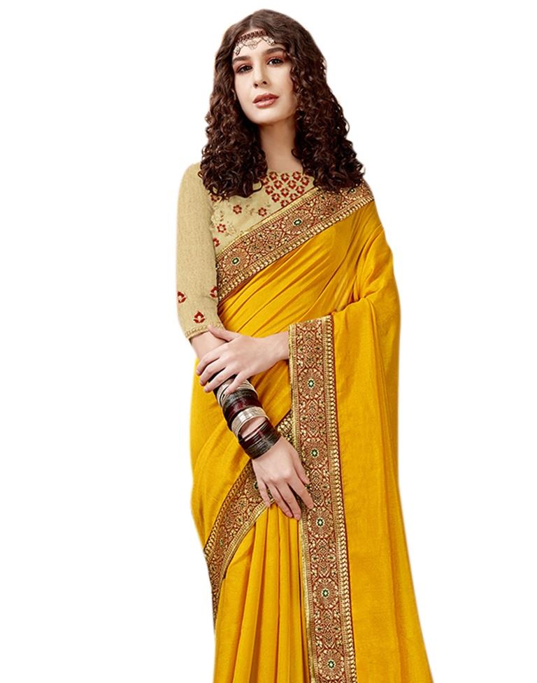 Mustard Yellow Coloured Poly Silk Jacquard Partywear saree | Sudathi