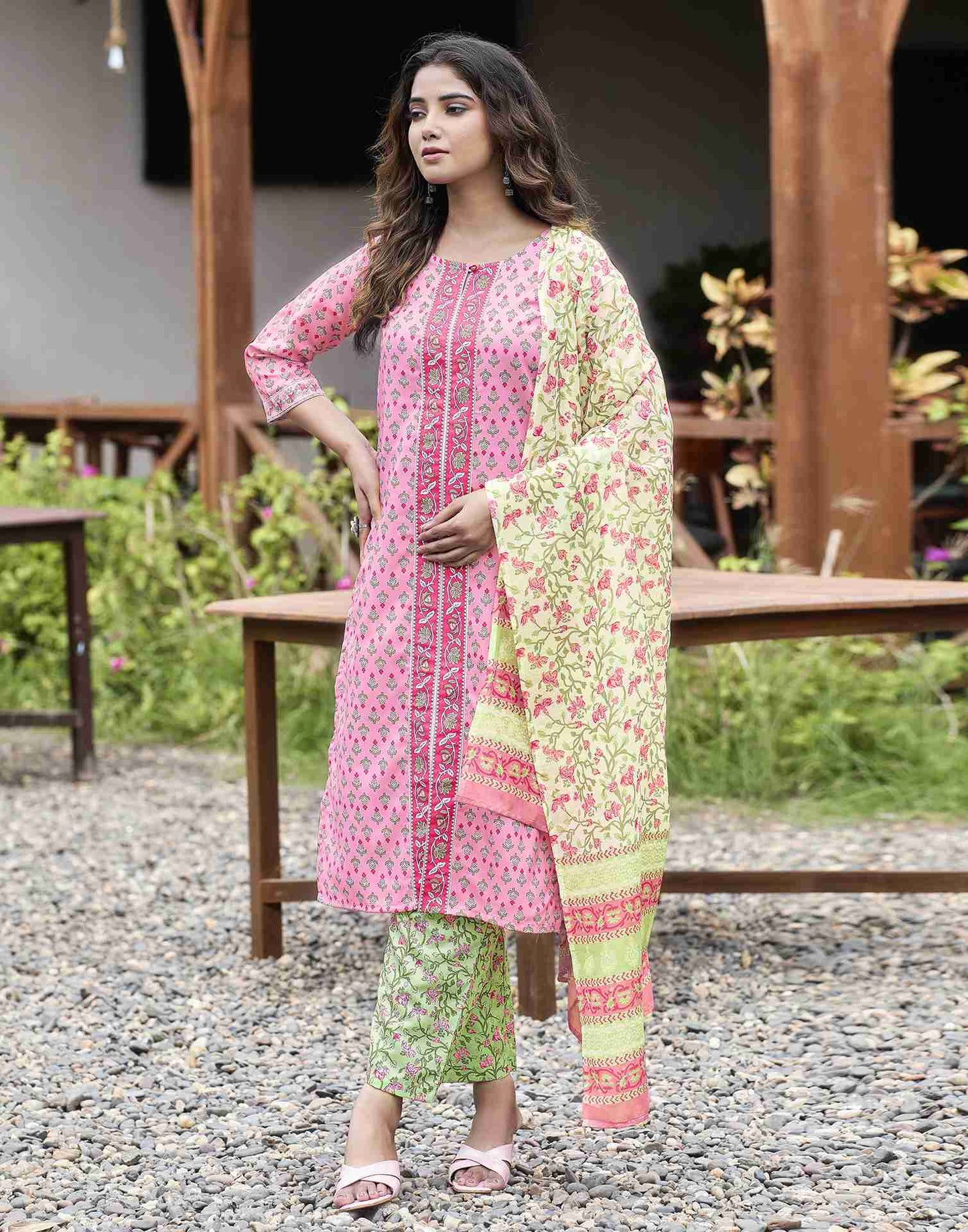 Pink Printed Rayon Straight Kurta Set With Dupatta