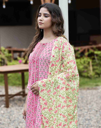 Pink Printed Rayon Straight Kurta Set With Dupatta