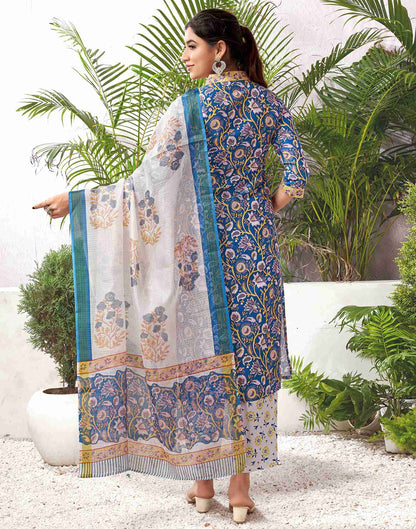 Blue Rayon Printed Straight Kurta Set With Dupatta