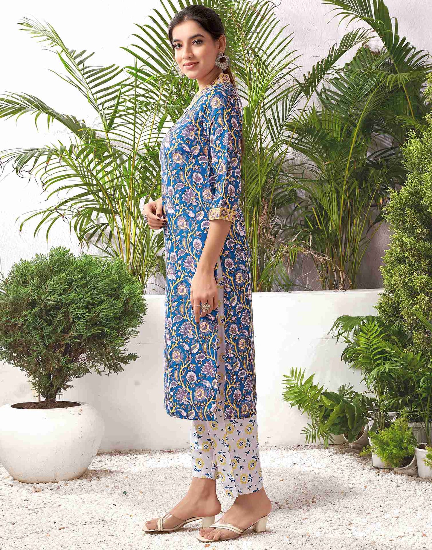 Blue Rayon Printed Straight Kurta Set With Dupatta