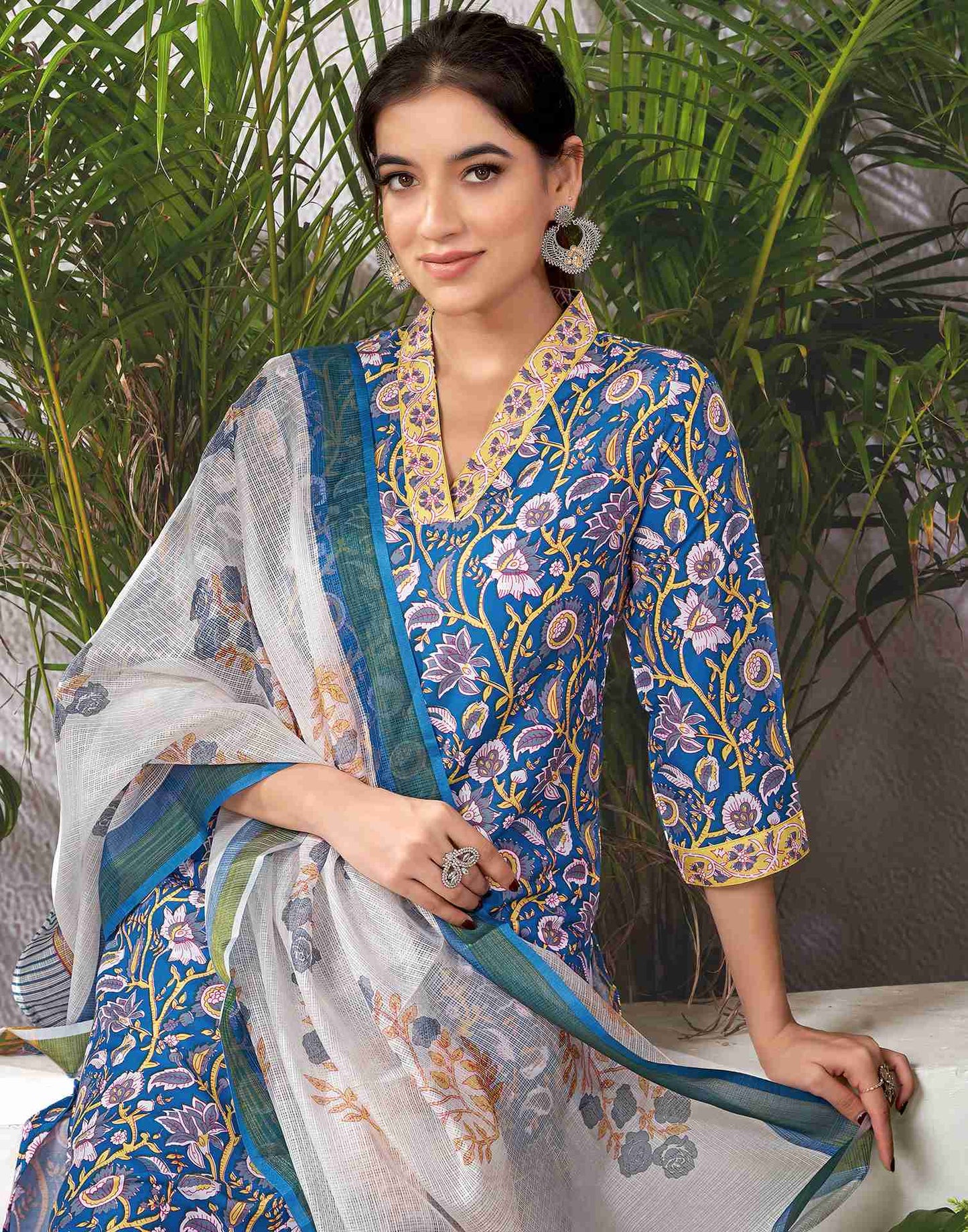 Blue Rayon Printed Straight Kurta Set With Dupatta