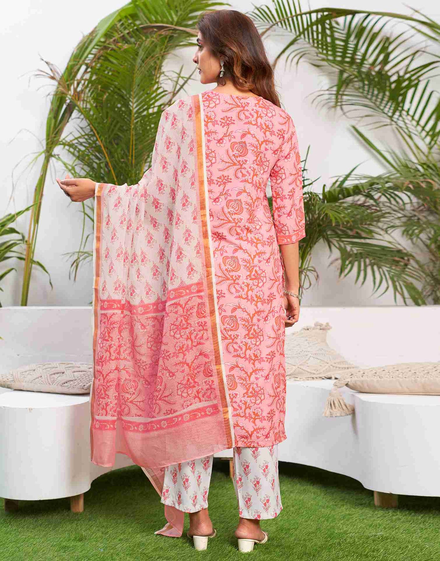 Rose Pink Printed Rayon Straight Kurta Set With Dupatta