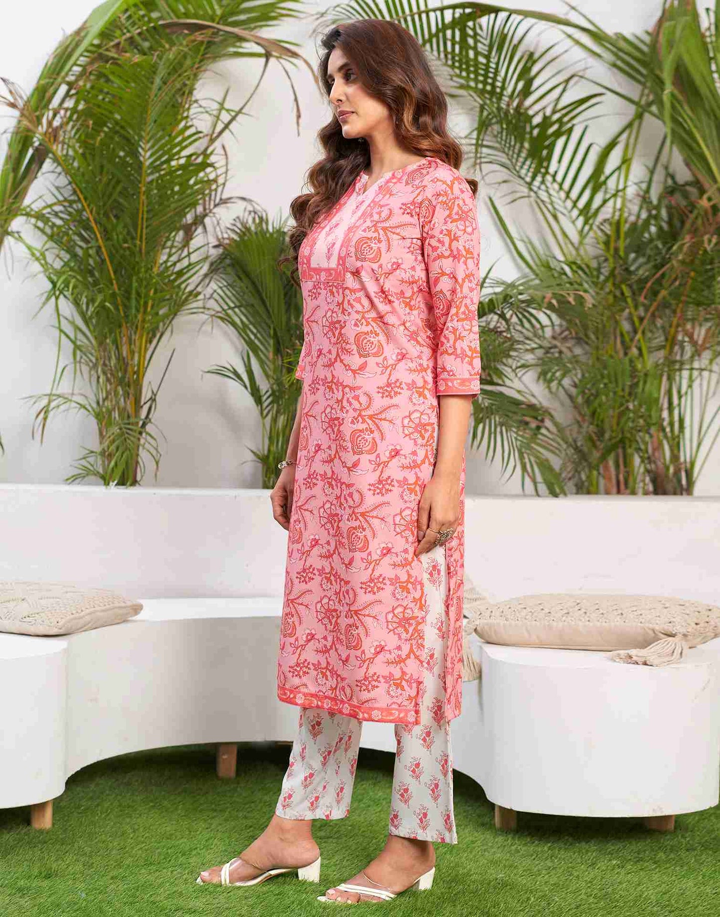 Rose Pink Printed Rayon Straight Kurta Set With Dupatta