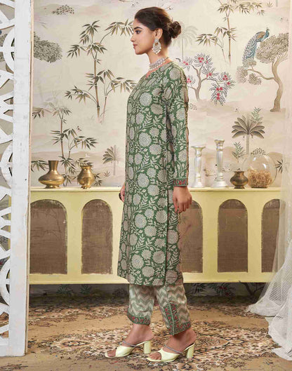 Green Printed Rayon Straight Kurta Set With Dupatta