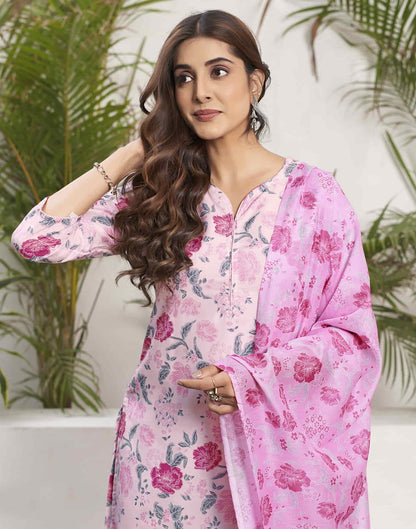 Light Pink Printed Rayon Straight Kurta With Pant And Dupatta