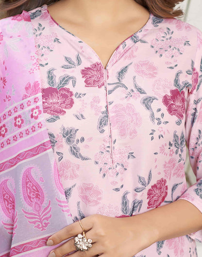 Light Pink Printed Rayon Straight Kurta With Pant And Dupatta