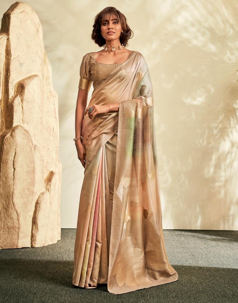 Beige Printed Modal Silk Saree