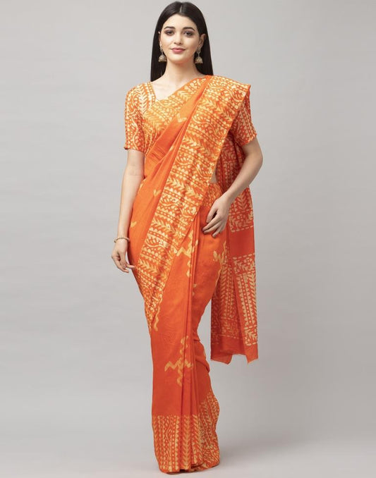 Orange Printed Cotton Saree