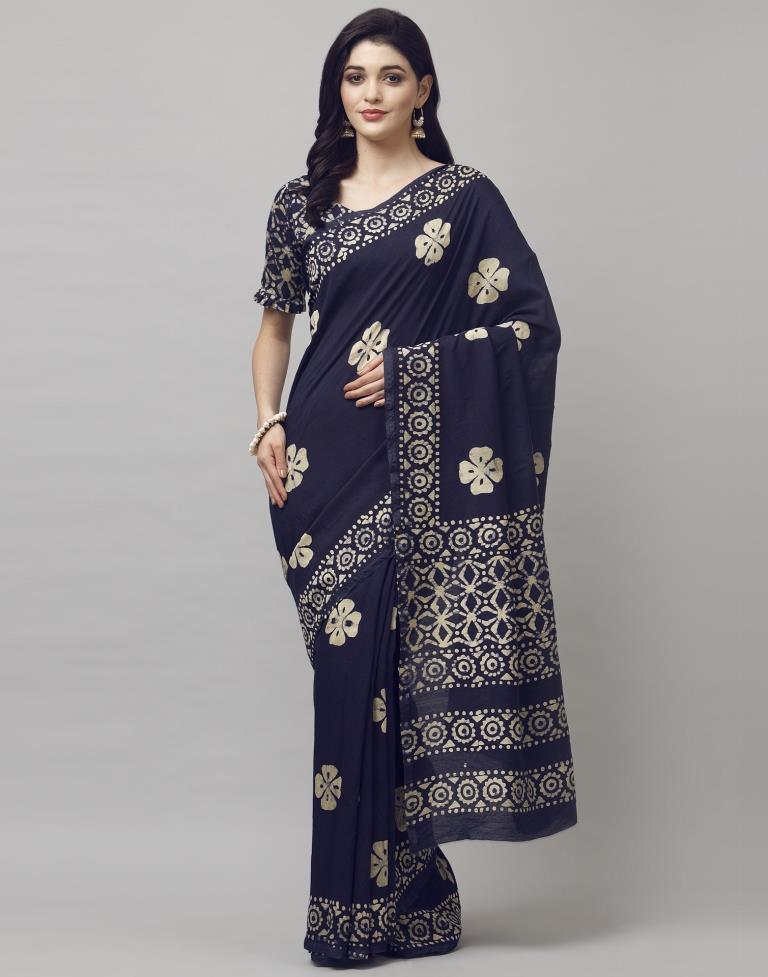 Navy Blue Coloured Poly Cotton Printed Casual saree | Sudathi