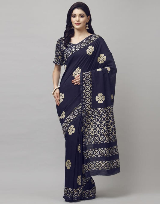 Navy Blue Coloured Poly Cotton Printed Casual saree | Sudathi