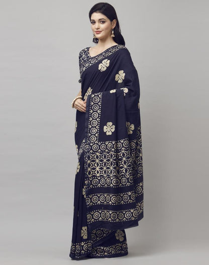 Navy Blue Coloured Poly Cotton Printed Casual saree | Sudathi