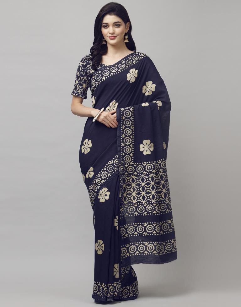 Navy Blue Coloured Poly Cotton Printed Casual saree | Sudathi