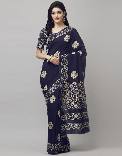 Navy Blue Coloured Poly Cotton Printed Casual saree | Sudathi