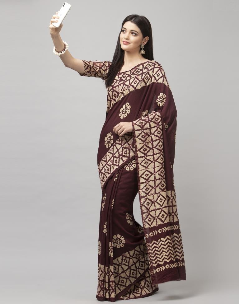 Purple Wine Coloured Poly Cotton Printed Saree | Sudathi