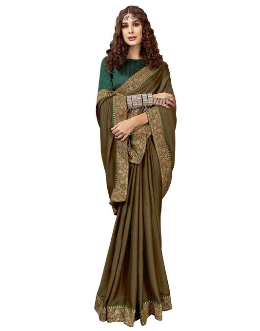 Cedar Brown Coloured Poly Linen Laced Partywear saree | Sudathi