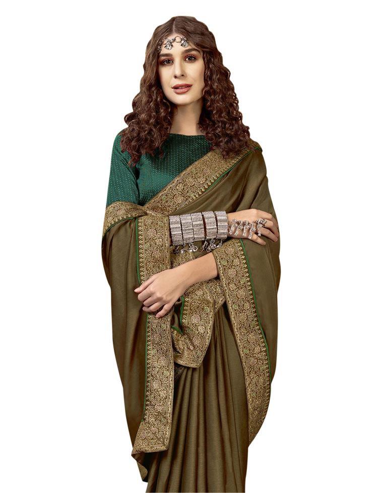 Cedar Brown Coloured Poly Linen Laced Partywear saree | Sudathi