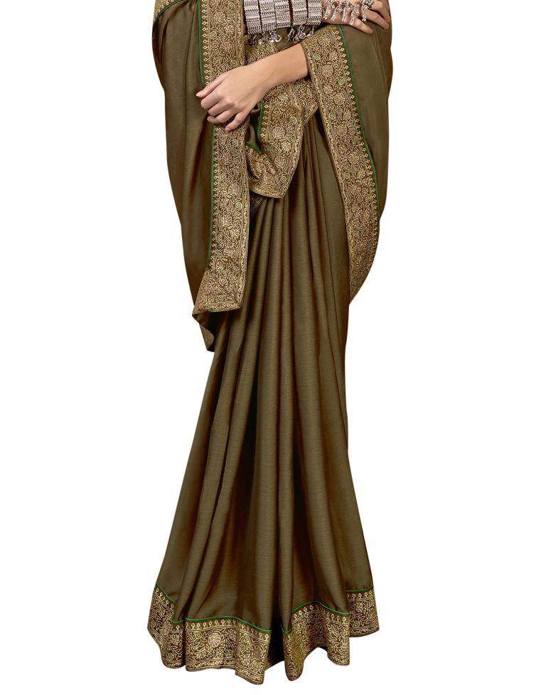 Cedar Brown Coloured Poly Linen Laced Partywear saree | Sudathi