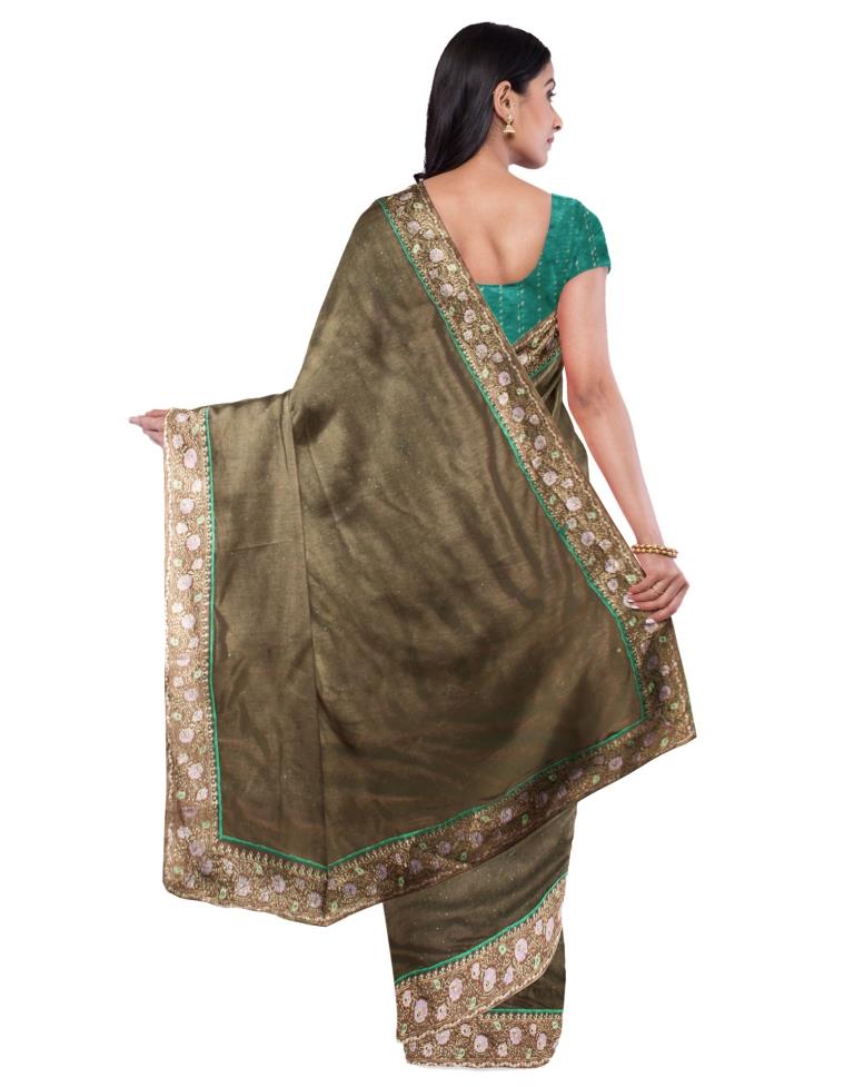Cedar Brown Coloured Poly Linen Laced Partywear saree | Sudathi
