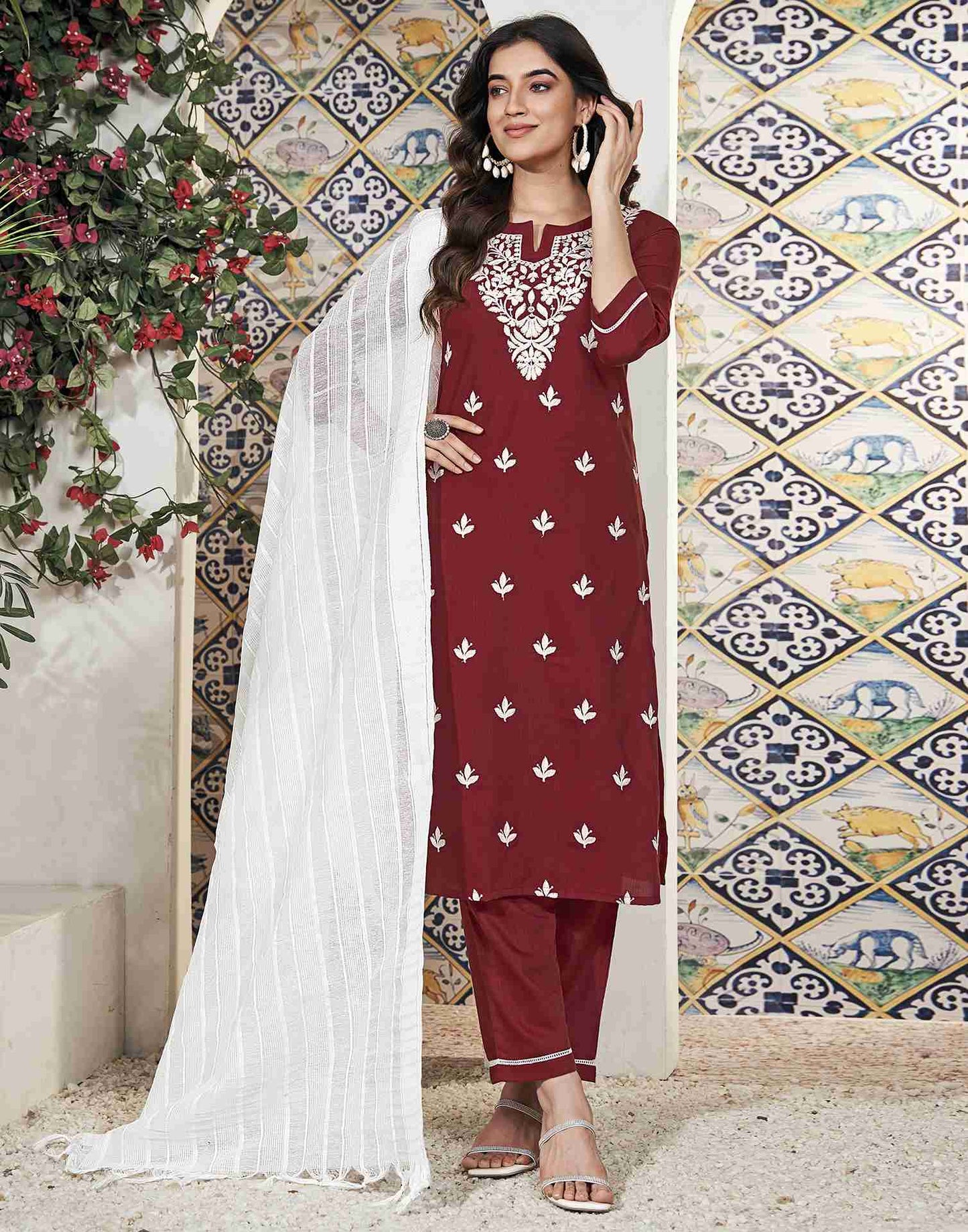 Maroon Embroidery Cotton Straight Kurta Set With Dupatta